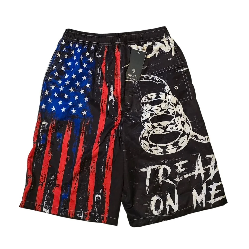 NWT Men's Swim Trunks S Black‎ Red American Flag